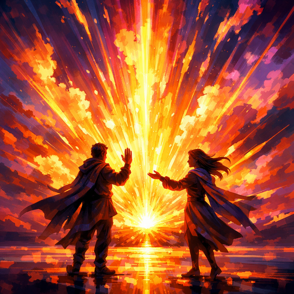 A.I. image generated from tanka text of two people silhouetted against a bright, radiant sunrise with vivid orange and yellow clouds