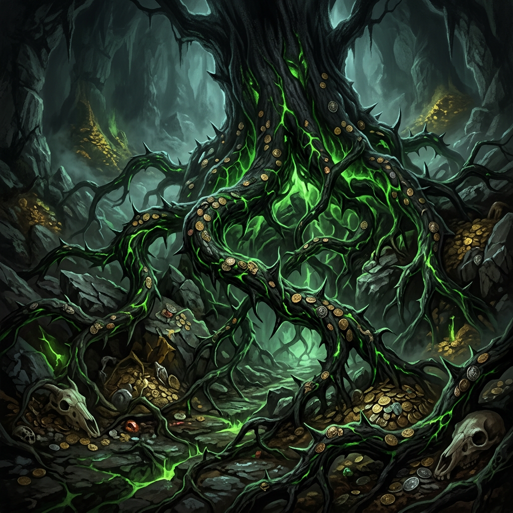 A.I. image generated from haiku text of a dark cave with glowing green roots, gold coins, and skulls scattered on rocky ground