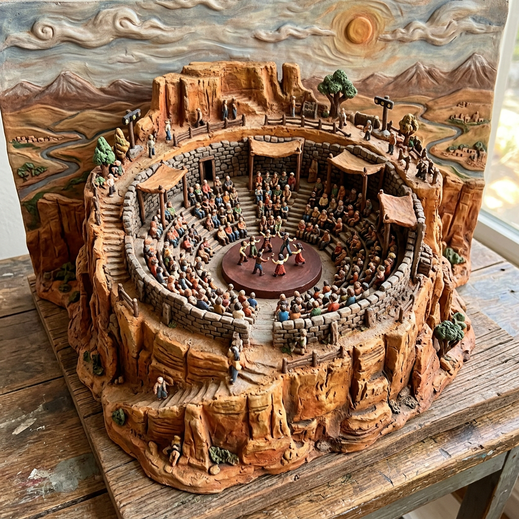 A.I. image generated from haiku text of a miniature stone amphitheater with dancers, audience, and desert landscape backdrop