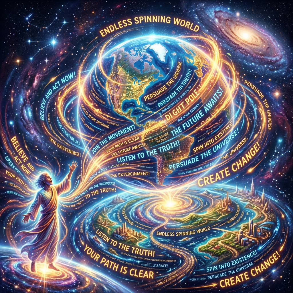 A.I. image created from tanka text of a glowing spinning earth surrounded by cosmic rings and text including with tumbling leading headlines