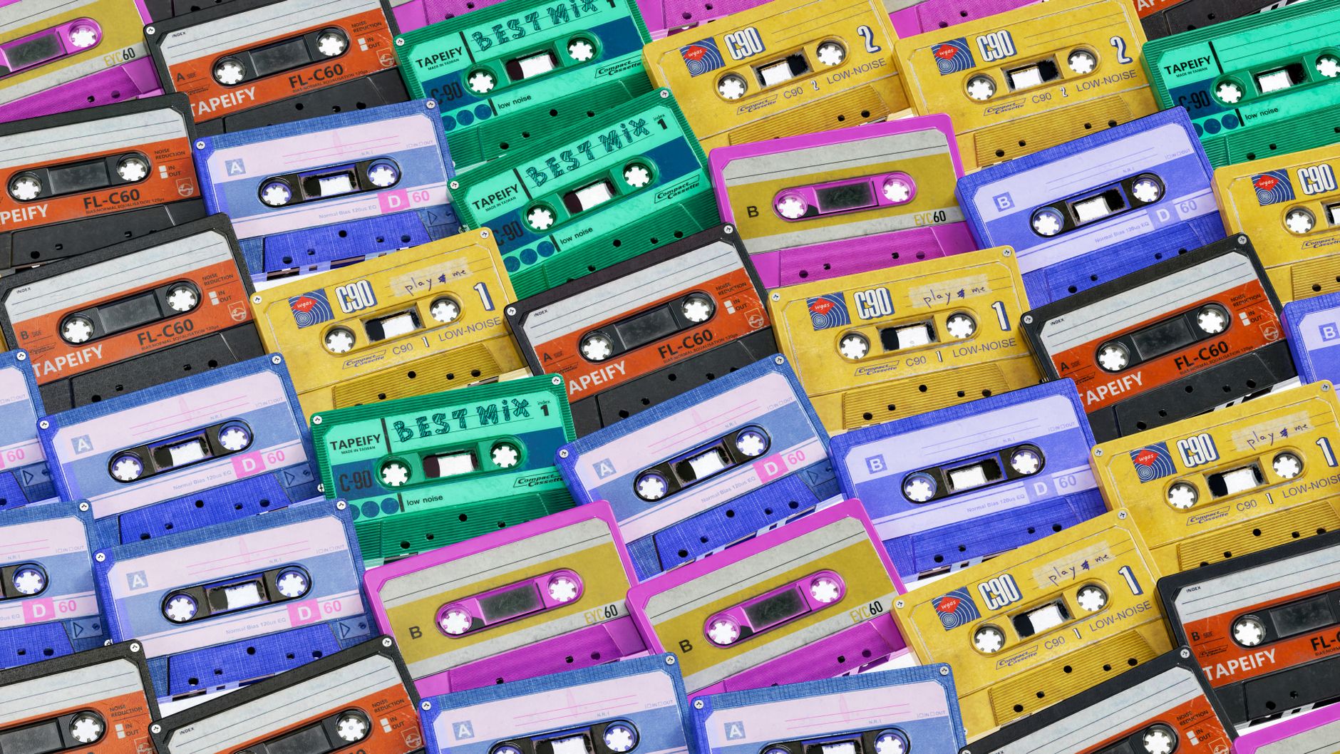 Stock photo shows a colorful pattern of retro homemade audio mixtape cassettes in various bright shades like yellow, blue, green, purple, and orange.from Pexels.com 