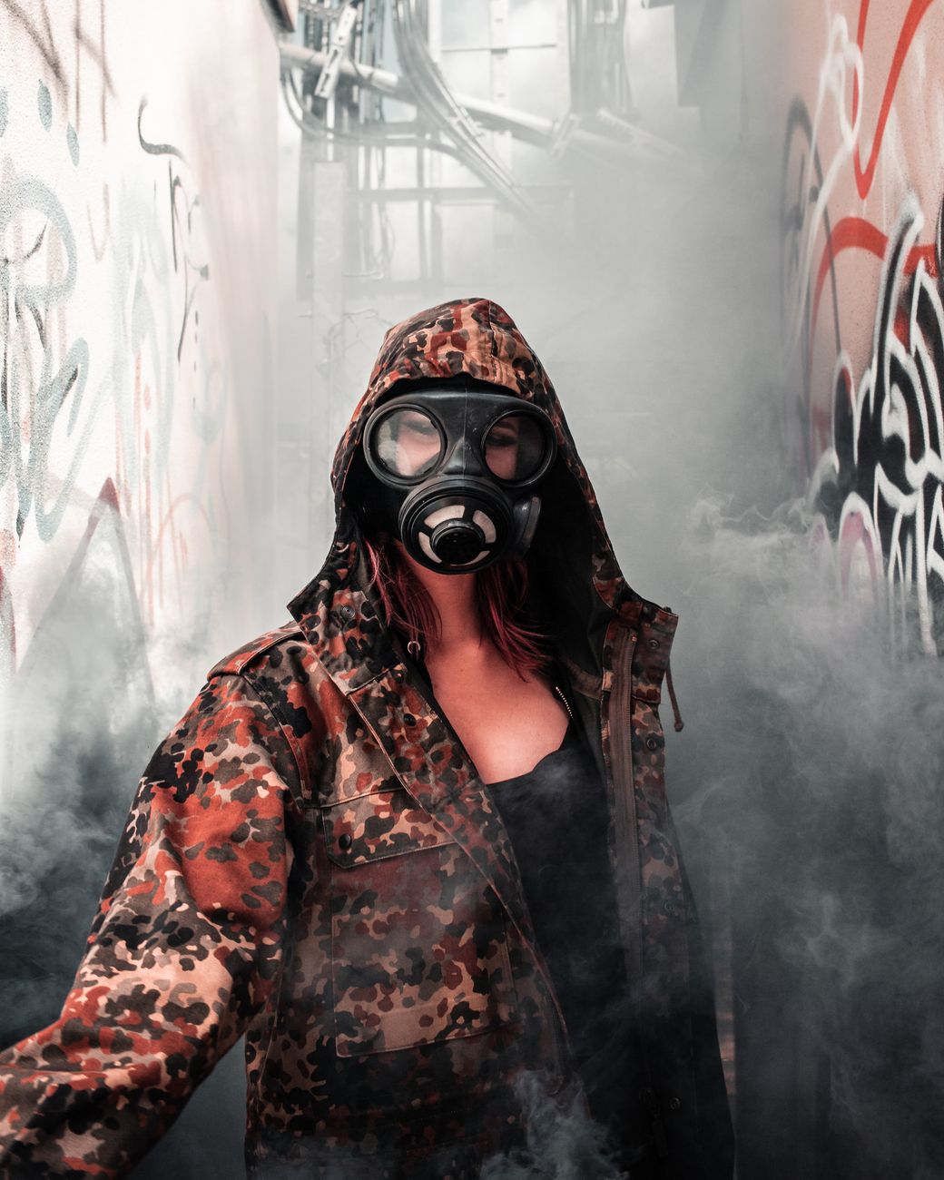 Stock photo of post nuclear war camouflage hoodie fashion with respirator accessory from Pexels.com