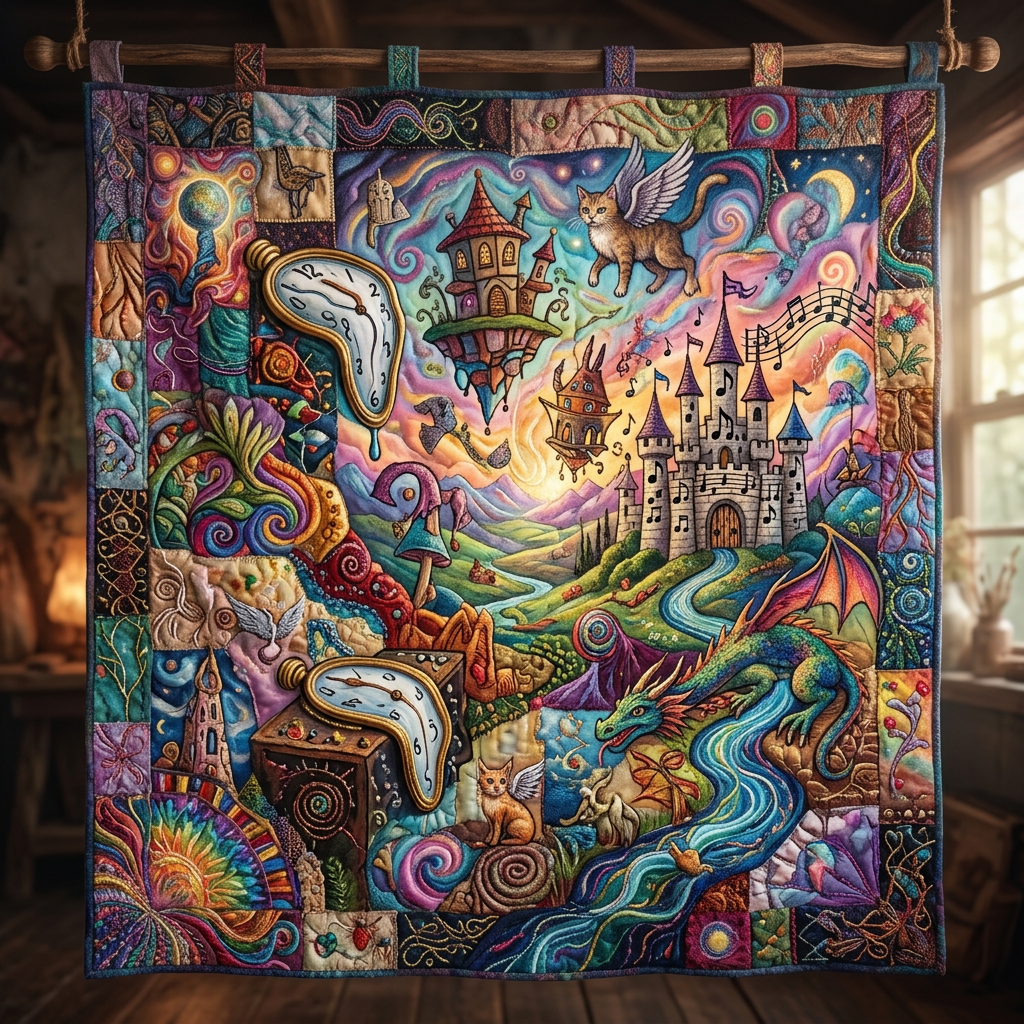 A.I. image generated from haiku text of a colorful fantasy quilt featuring castles, dragons, clocks, cats, and musical notes