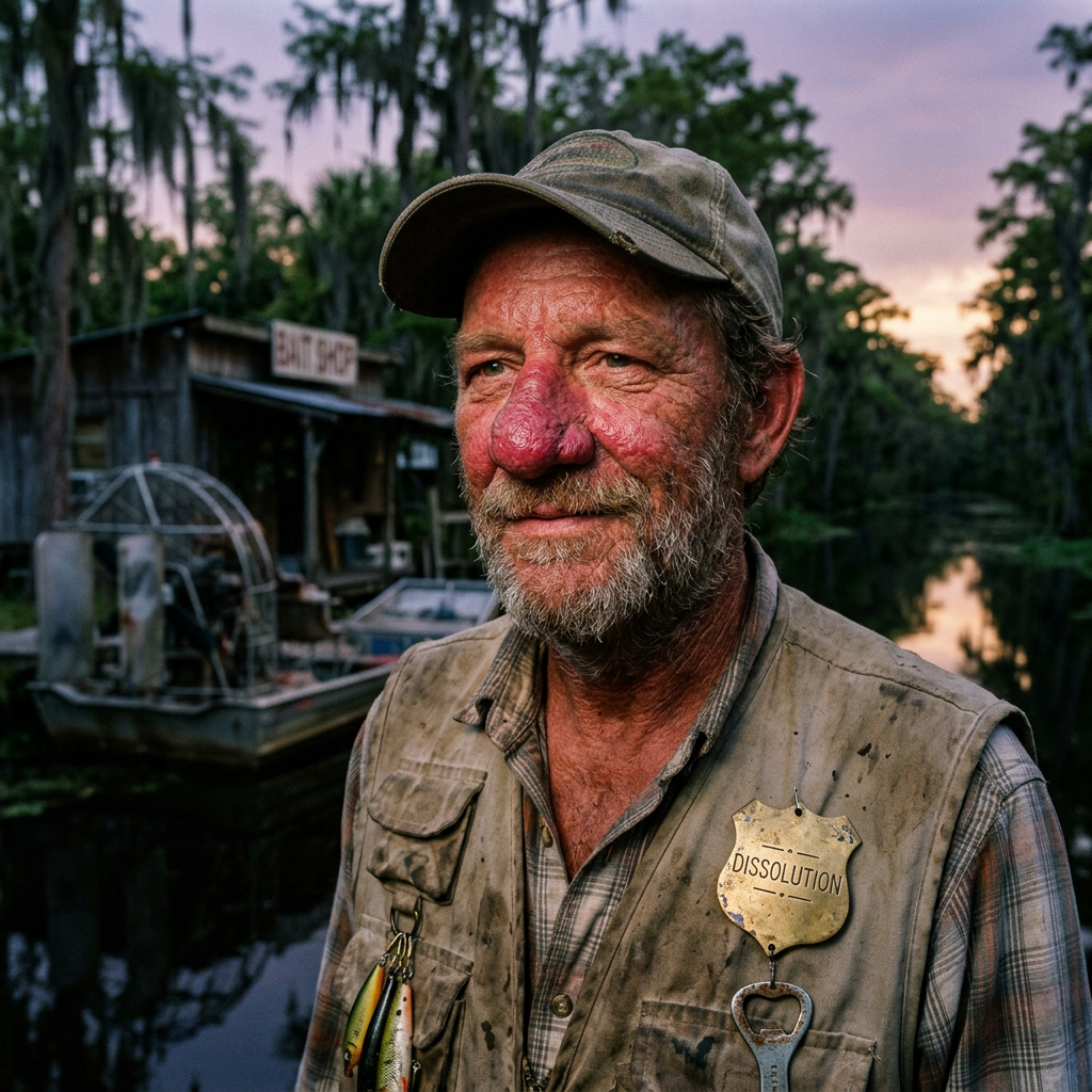 A.I. image generated from haiku text of bearded fisherman with a large mythical gin blossoms nose wearing a DISSOLUTION badge beside a swamp boat