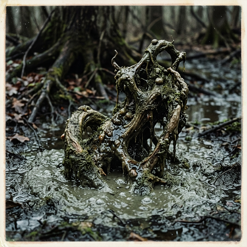 A.I. image generated from haiku text of moss-covered roots and branches emerging from shallow woodland water
