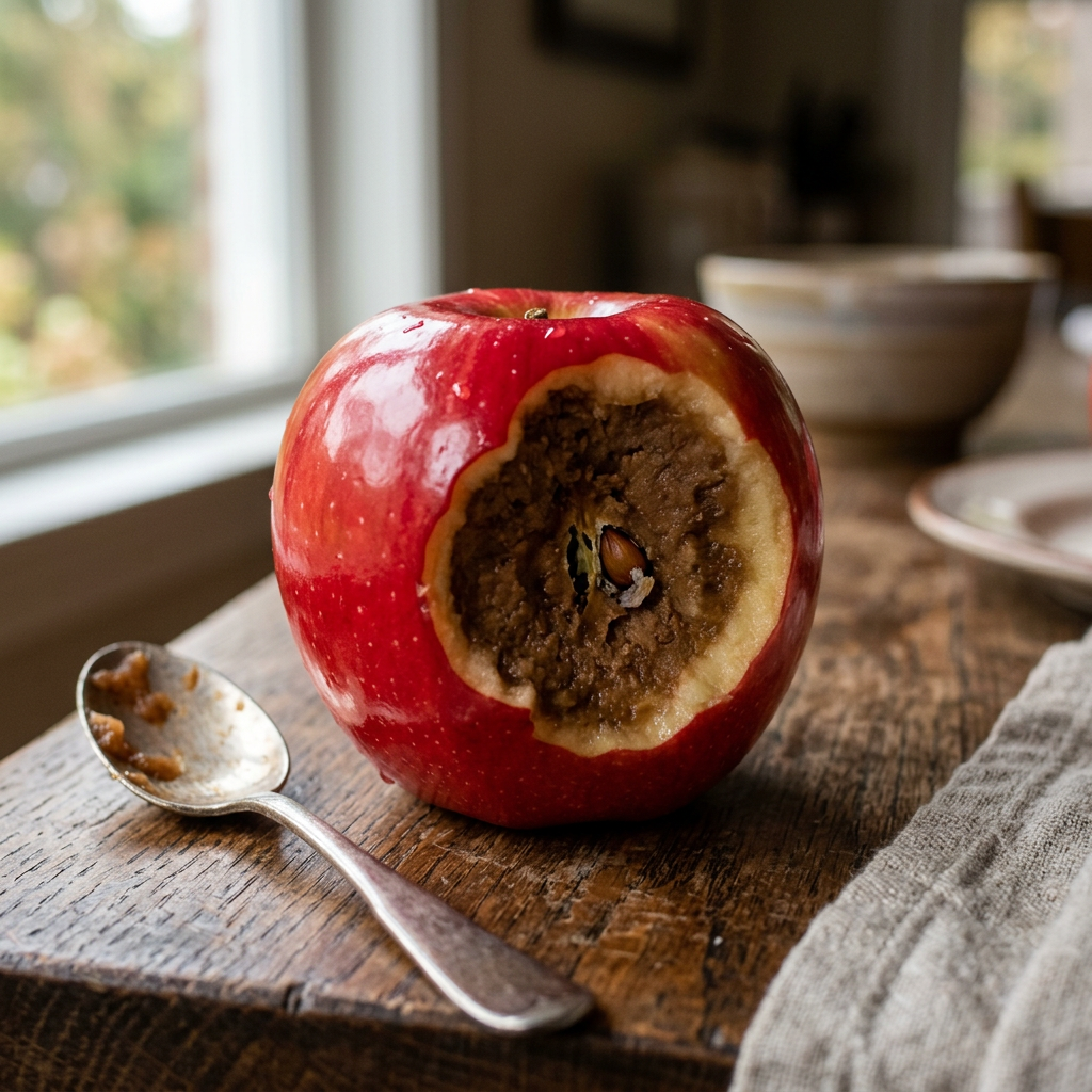 A.I. image generated from haiku text of a red apple with severe brown rot around its exposed core