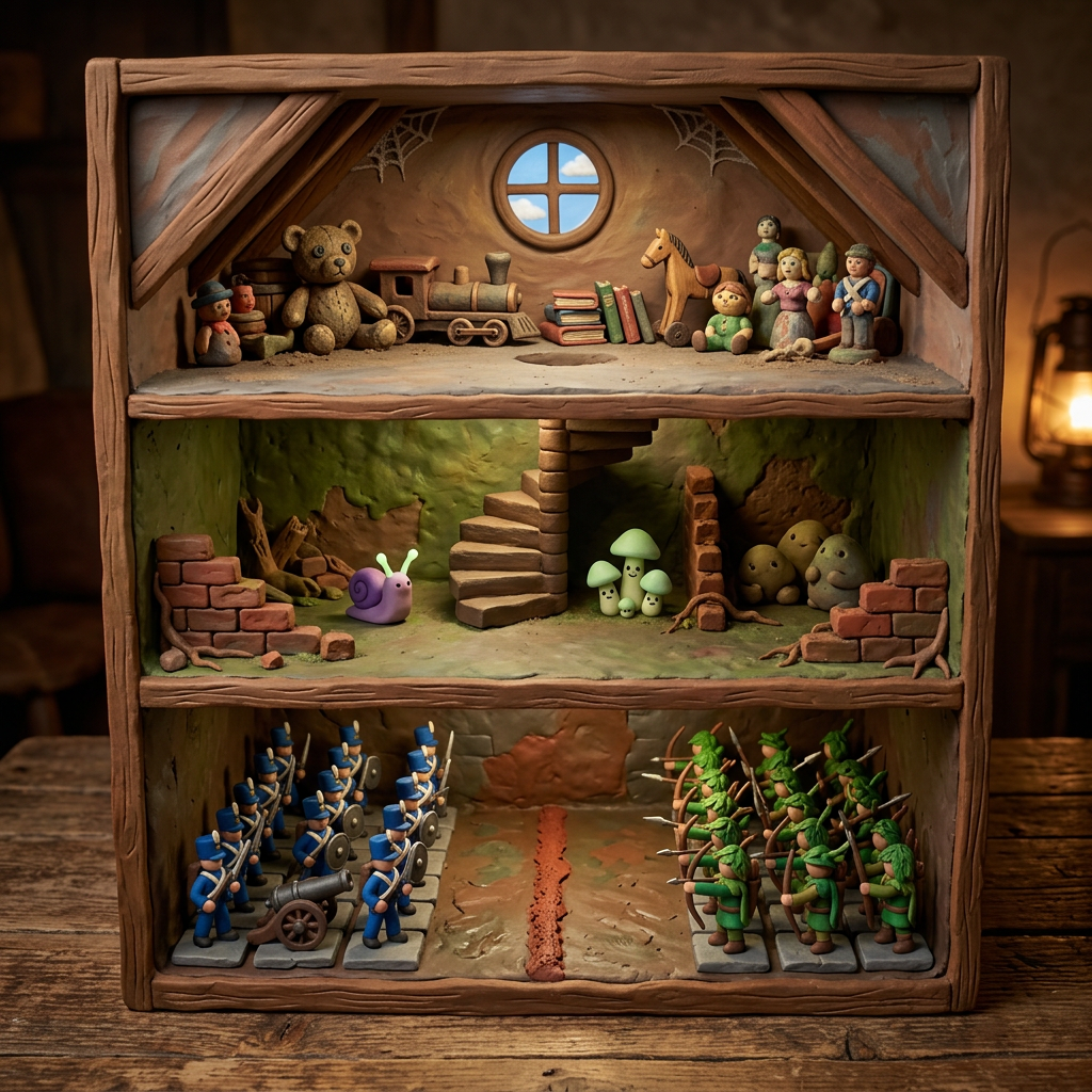 A.I. generated image from haiku text of three-level miniature diorama with toys, mushrooms, and opposing soldiers