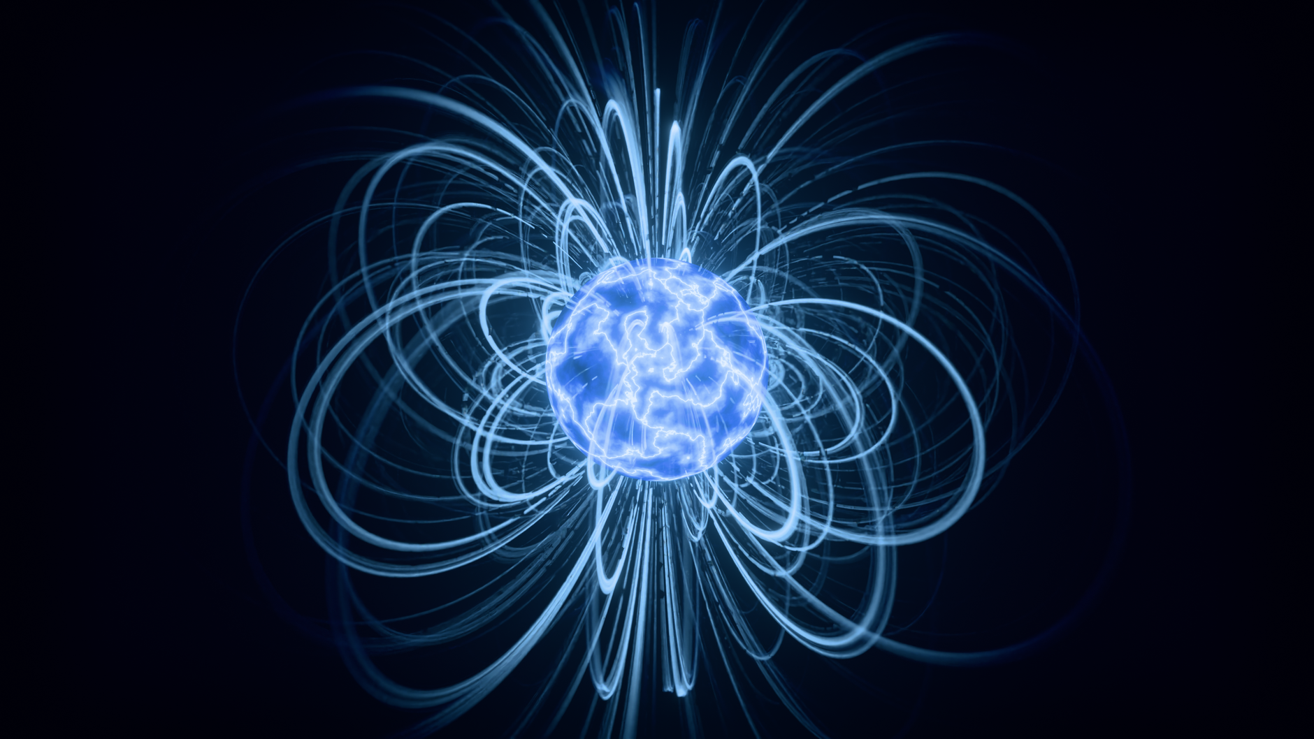 Stock image shows a glowing blue sphere surrounded by luminous magnetic field lines as an abstract visual representation of a subatomic/quantum particle concept from Pexels.com