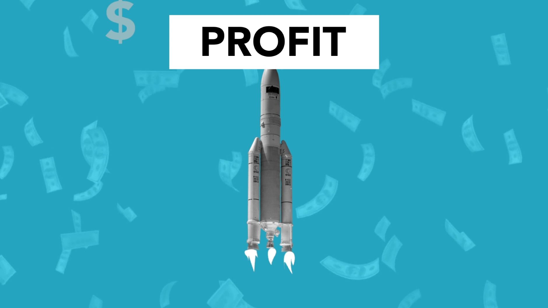 Stock image shows a digital illustration of a rocket flying upward with a "PROFIT" sign above it, surrounded by falling money or currency symbols from Pexels.com