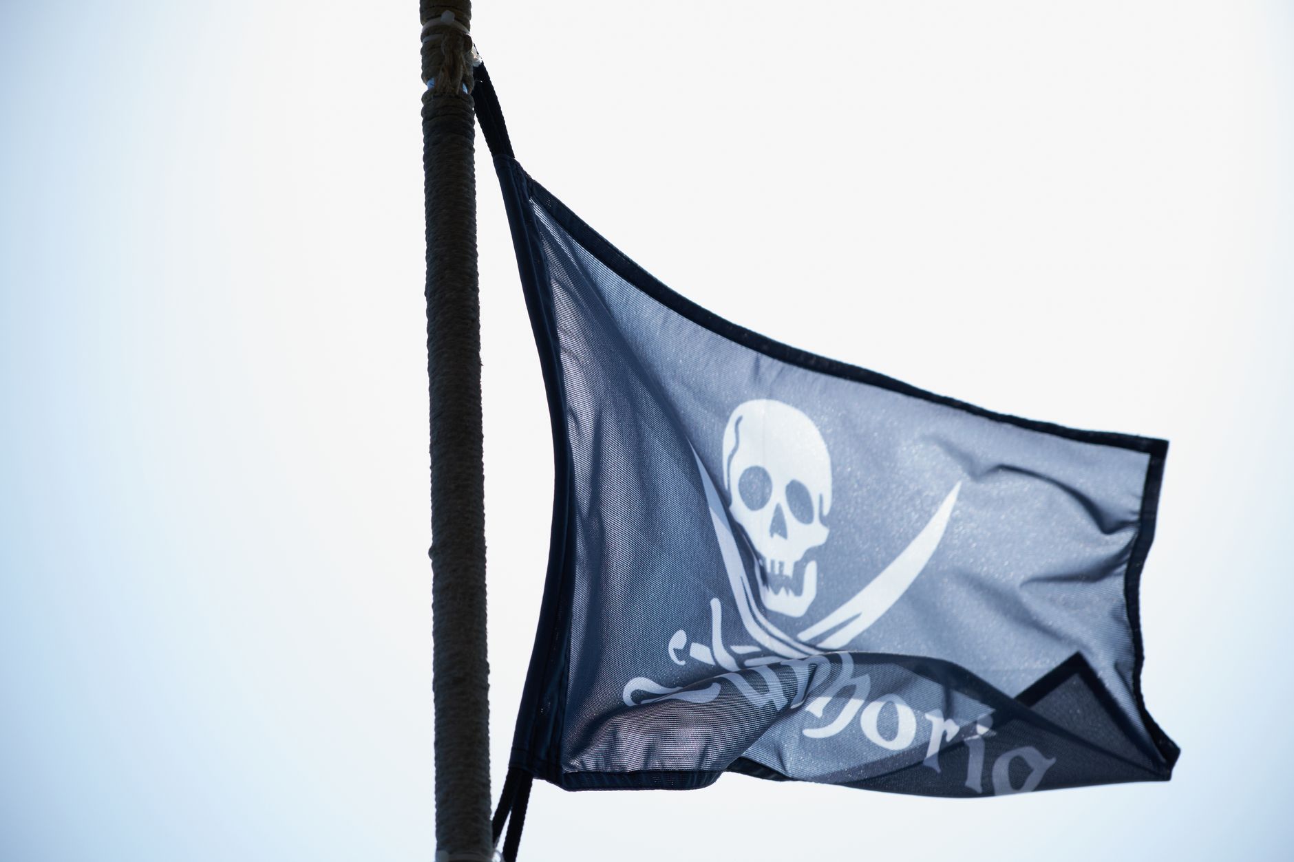 Stock photo of a dark-colored Jolly Roger pirate flag flying from a pole, featuring a white skull and crossed cutlasses or bones from Pexels.com